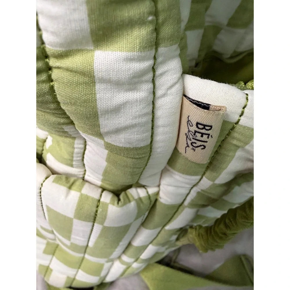 BEIS Elsa Hosk Quilted Diaper Backpack Green White Checkered with Changing Mat